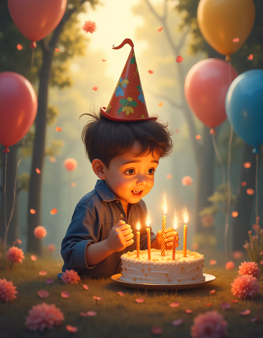 A child celebrating their birthday with balloons and a cake in a sunny forest setting.