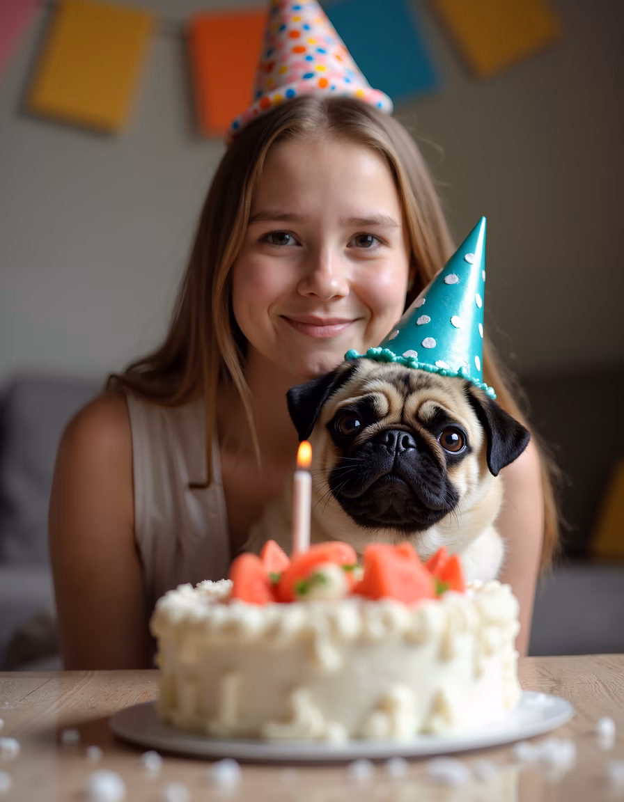 A festive birthday celebration with a girl and her pug, both wearing party hats, surrounded by a beautifully decorated cake.