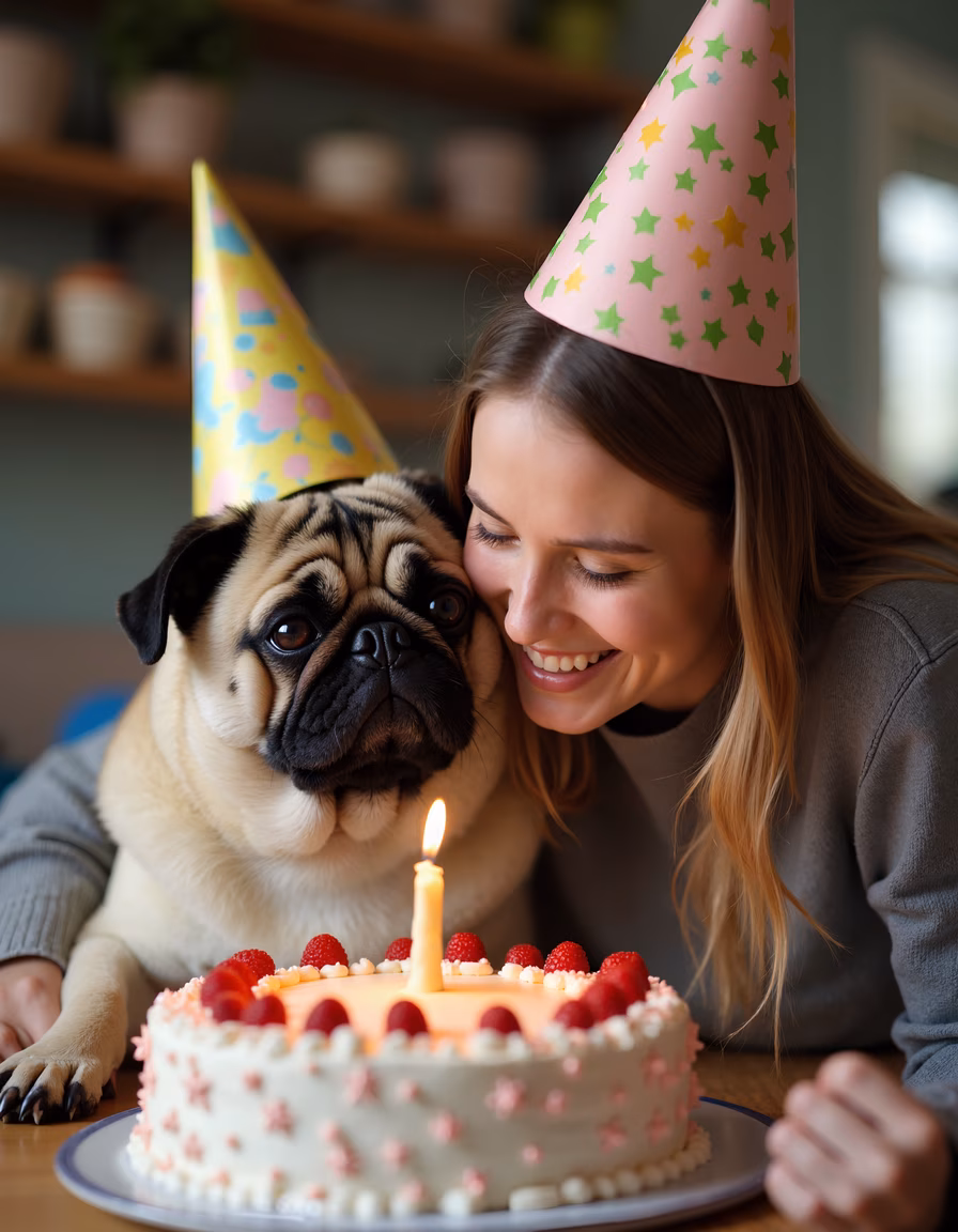A heartwarming birthday celebration with a pug and its owner, complete with a festive cake and party hats.