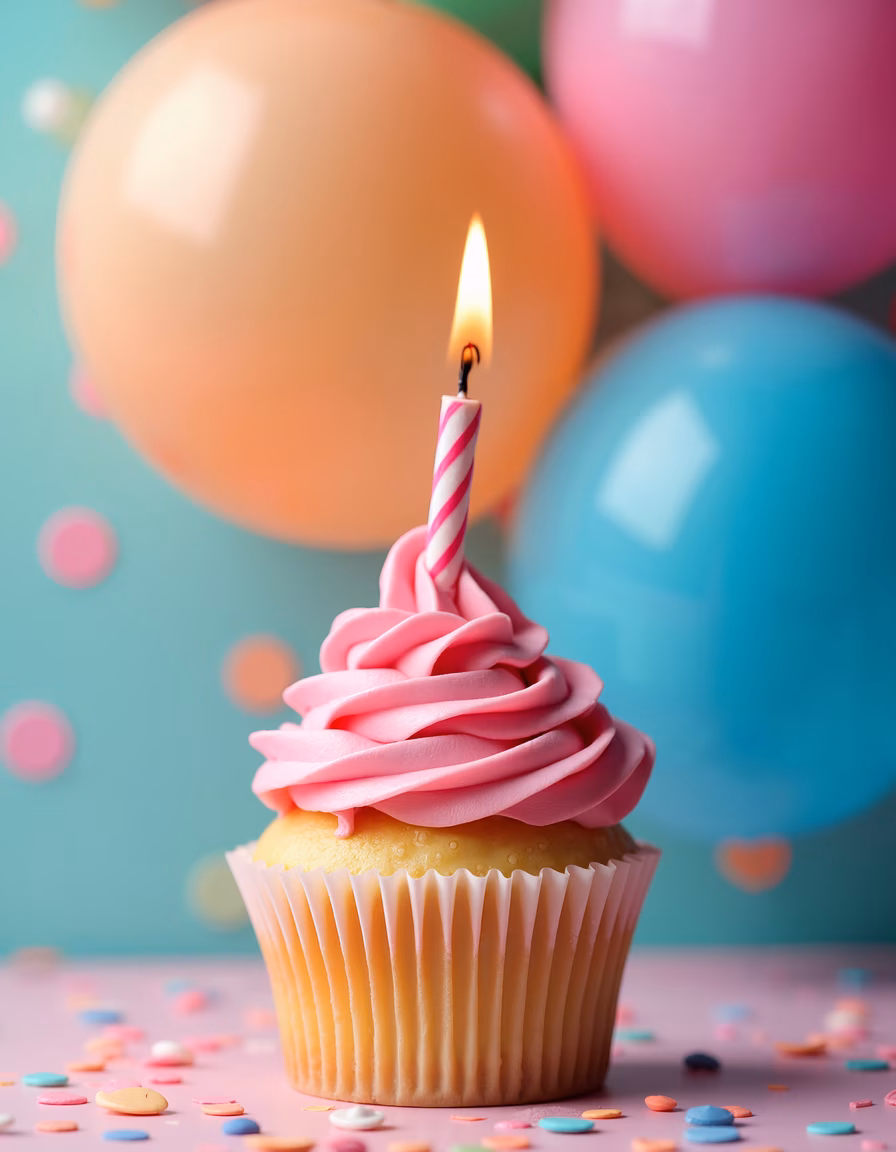 Brightly lit birthday cupcake with pink frosting and striped candle, surrounded by colorful balloons and confetti.