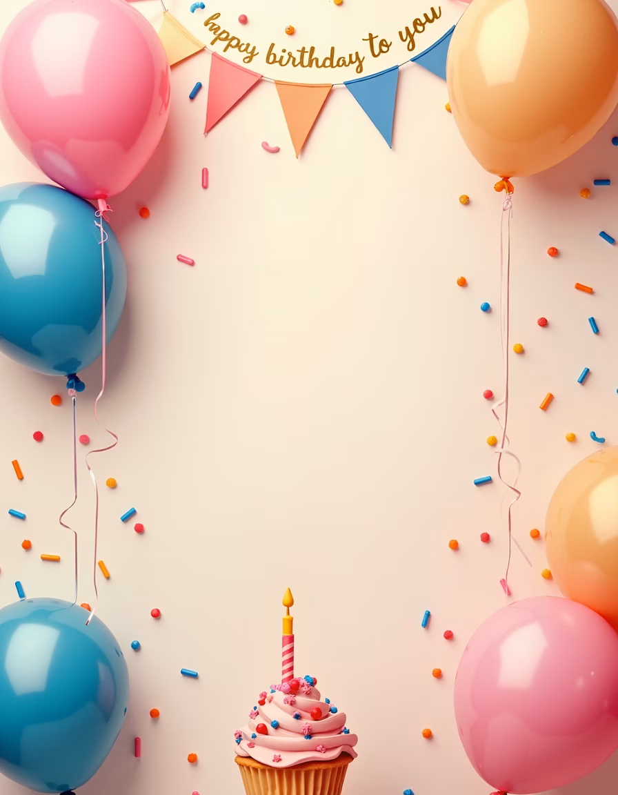 Brightly colored birthday cupcake with balloons and confetti.