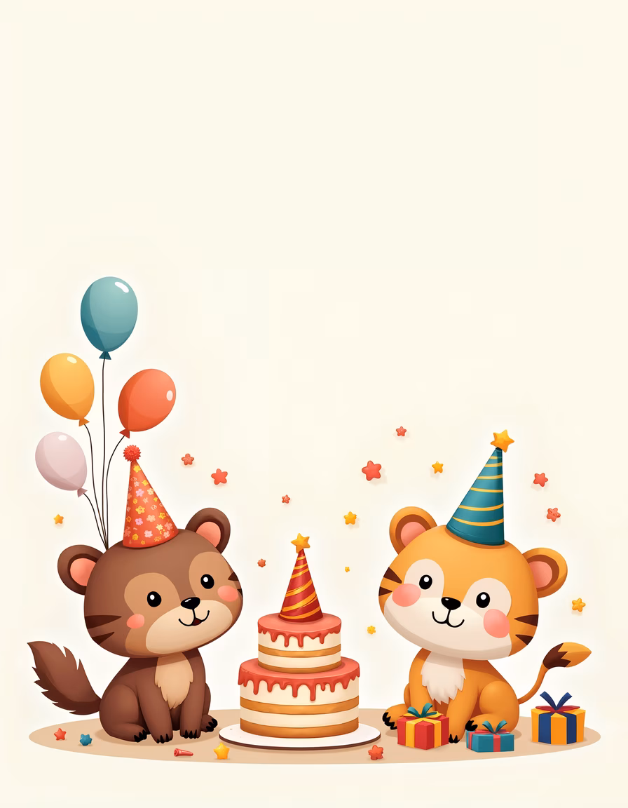 Cute animals celebrating a birthday with balloons and a cake.