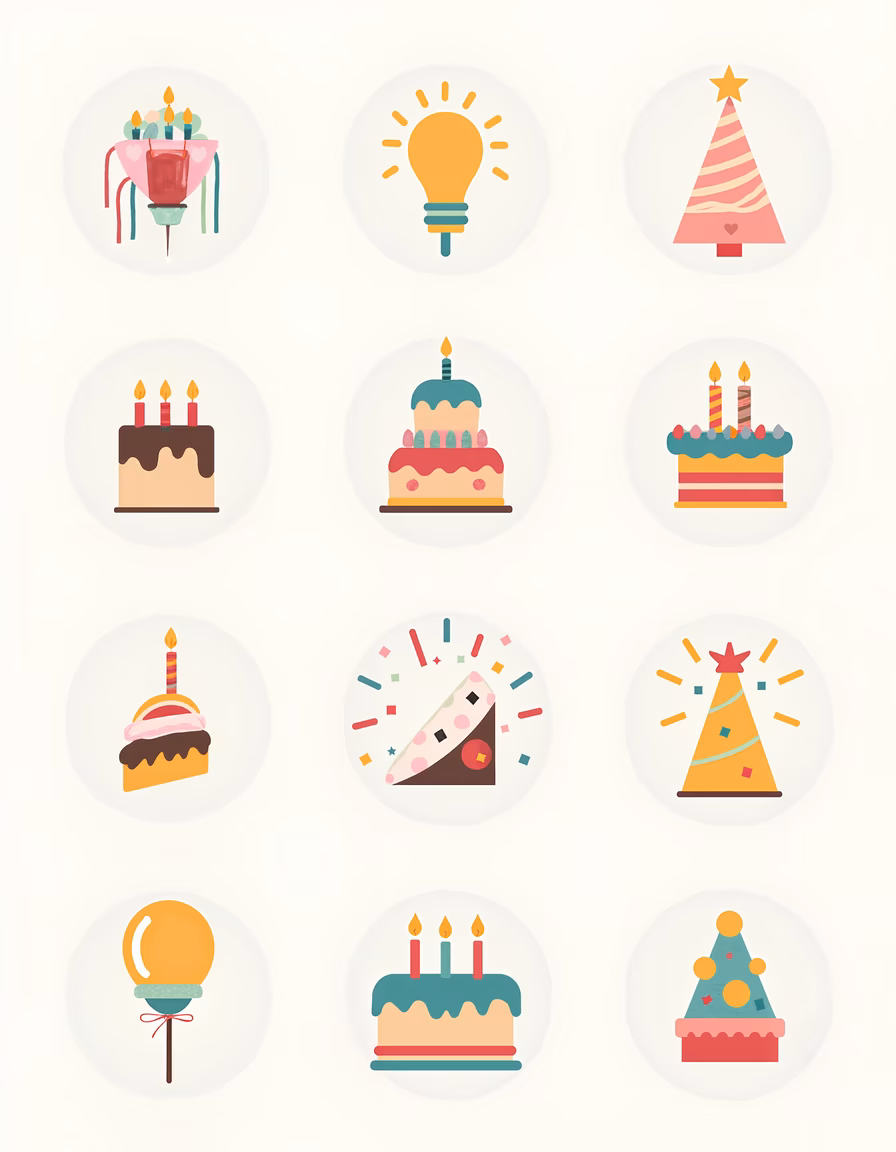 Colorful birthday party icons in a flat design style.