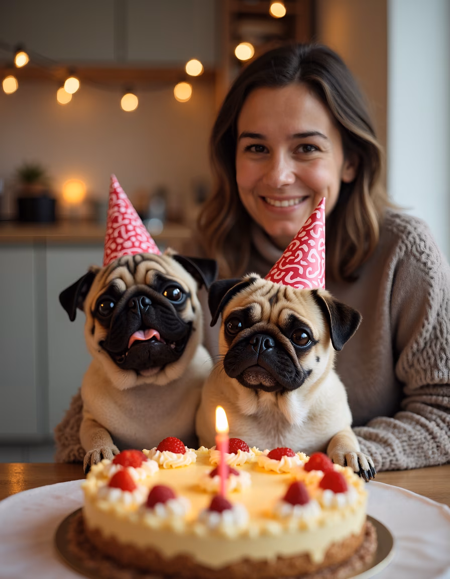 Two pugs in party hats celebrating with a birthday cake.