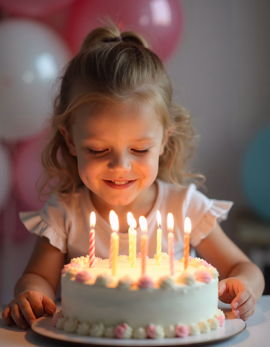 A child blowing out candles on a birthday cake, celebrating joyfully.