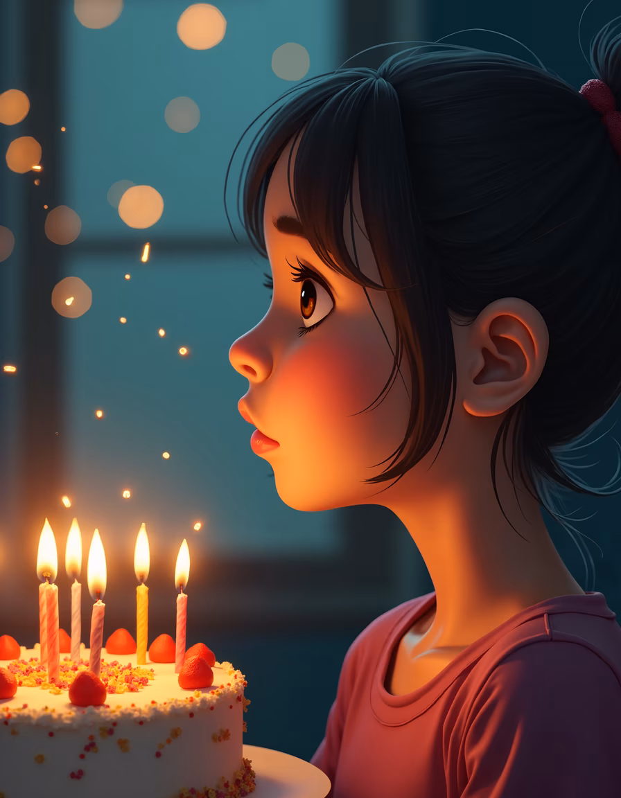 A child's birthday wish captured in a warm, celebratory illustration.