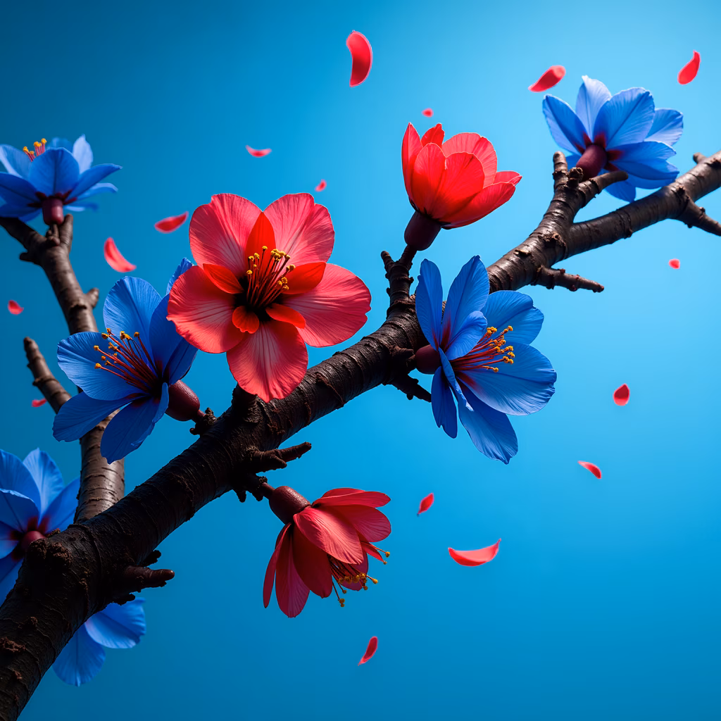 Contrasting blue and red blossoms on a tranquil turquoise background.