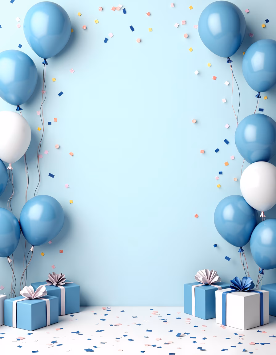 Festive blue balloons and gifts celebrating a joyful occasion.