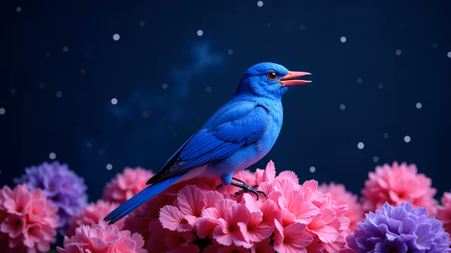 Blue Bird Among Pink Flowers