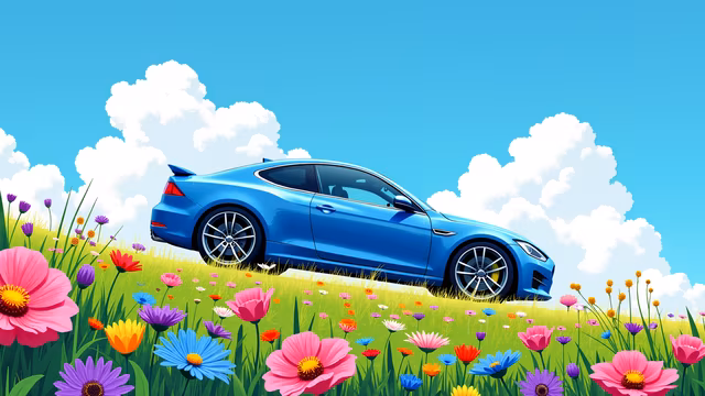 Blue Car in a Flower Field
