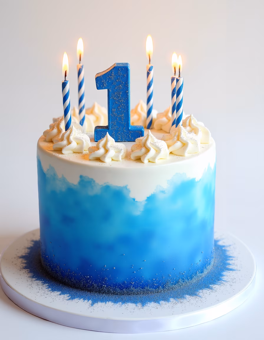 Glossy blue ombre birthday cake with white cream and silver glitter, celebrating a special occasion.