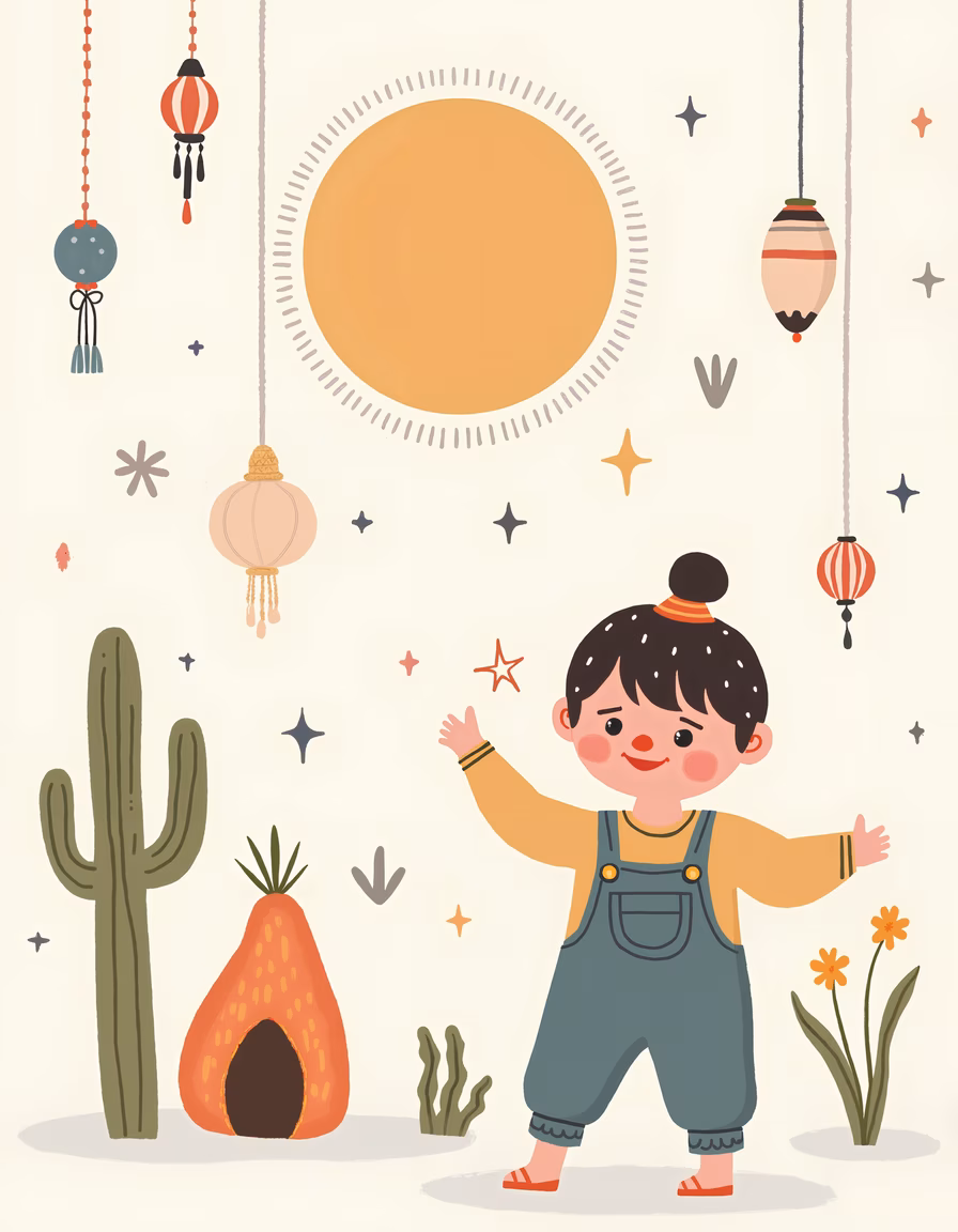 A cheerful child surrounded by bohemian elements in a warm and inviting illustration.