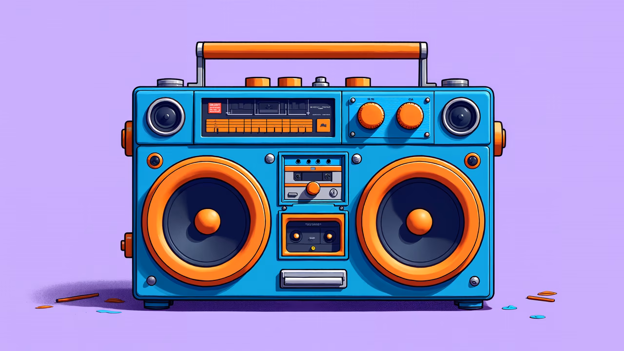Vibrant retro boombox illustration with large speakers and a blue body on a purple background.