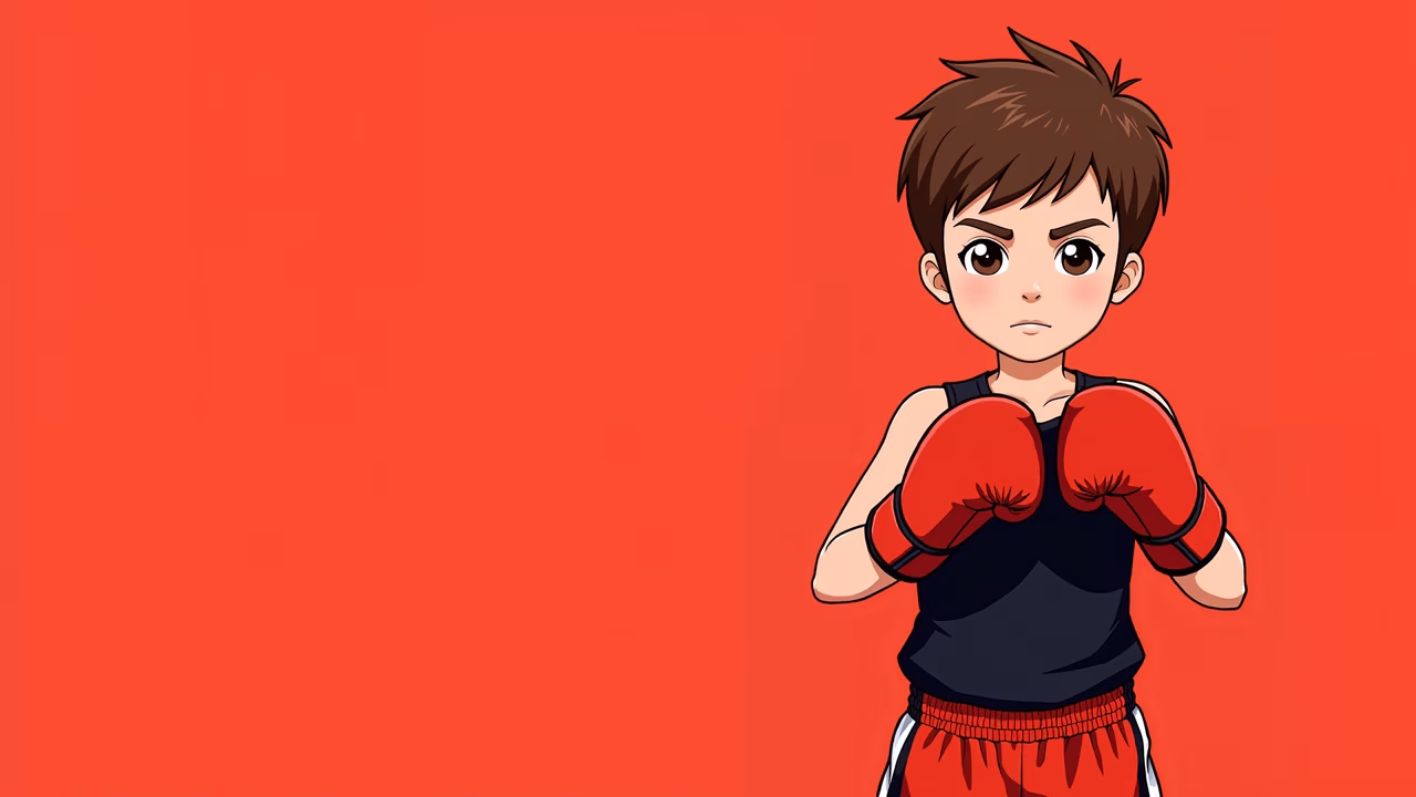 Dynamic young boxer in a fighting stance on a bold red background.