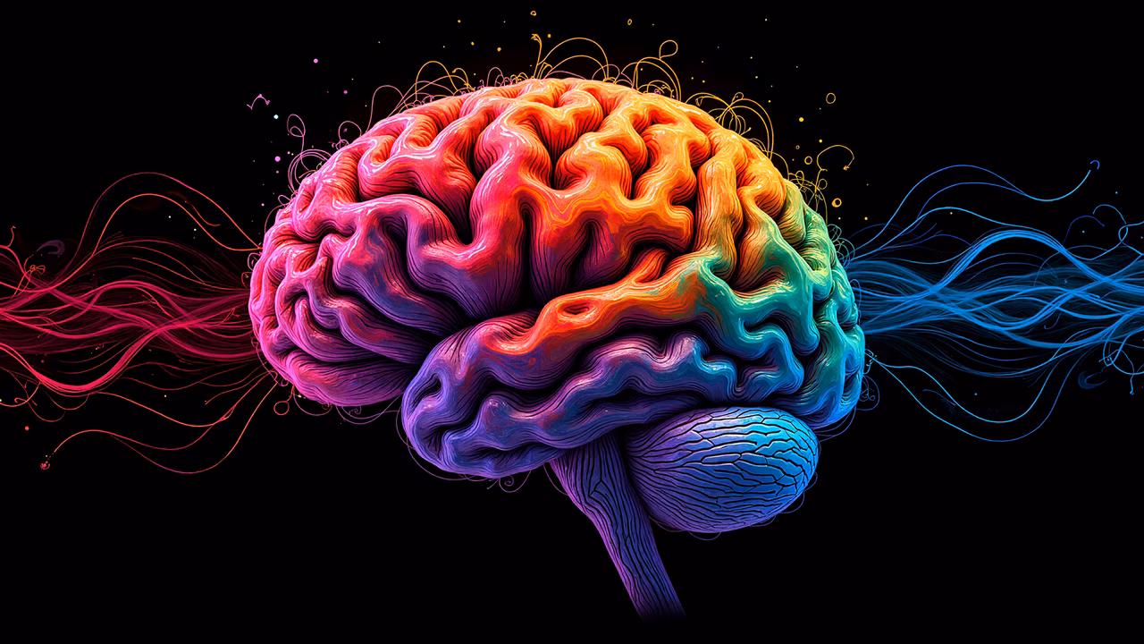 Vibrant rainbow gradient brain illustration with dynamic neural pathways.