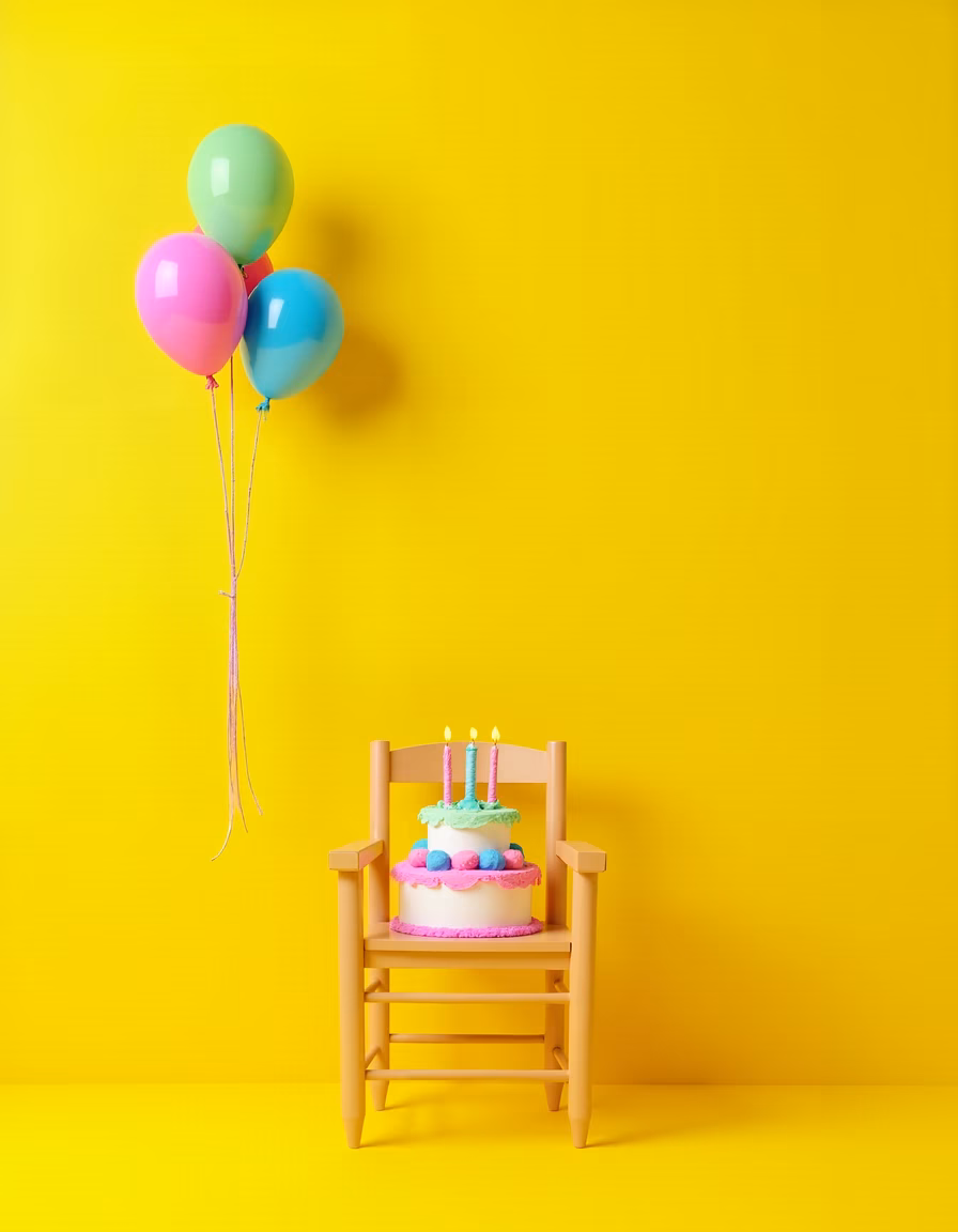Bright yellow background with a colorful birthday cake and balloons.
