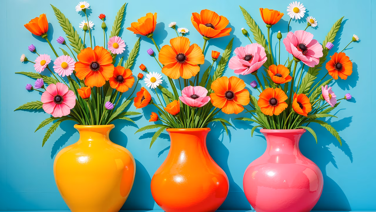 Vibrant floral arrangement with glossy vases on teal background