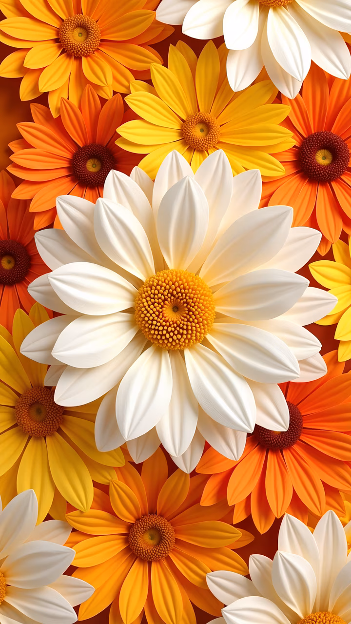 Vibrant floral illustration featuring daisies in yellow, orange, and white tones.