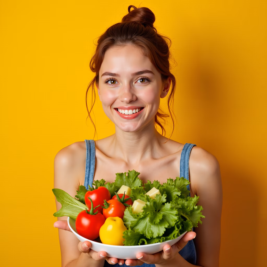 Brightly smiling woman holding fresh vegetables against a yellow backdrop.