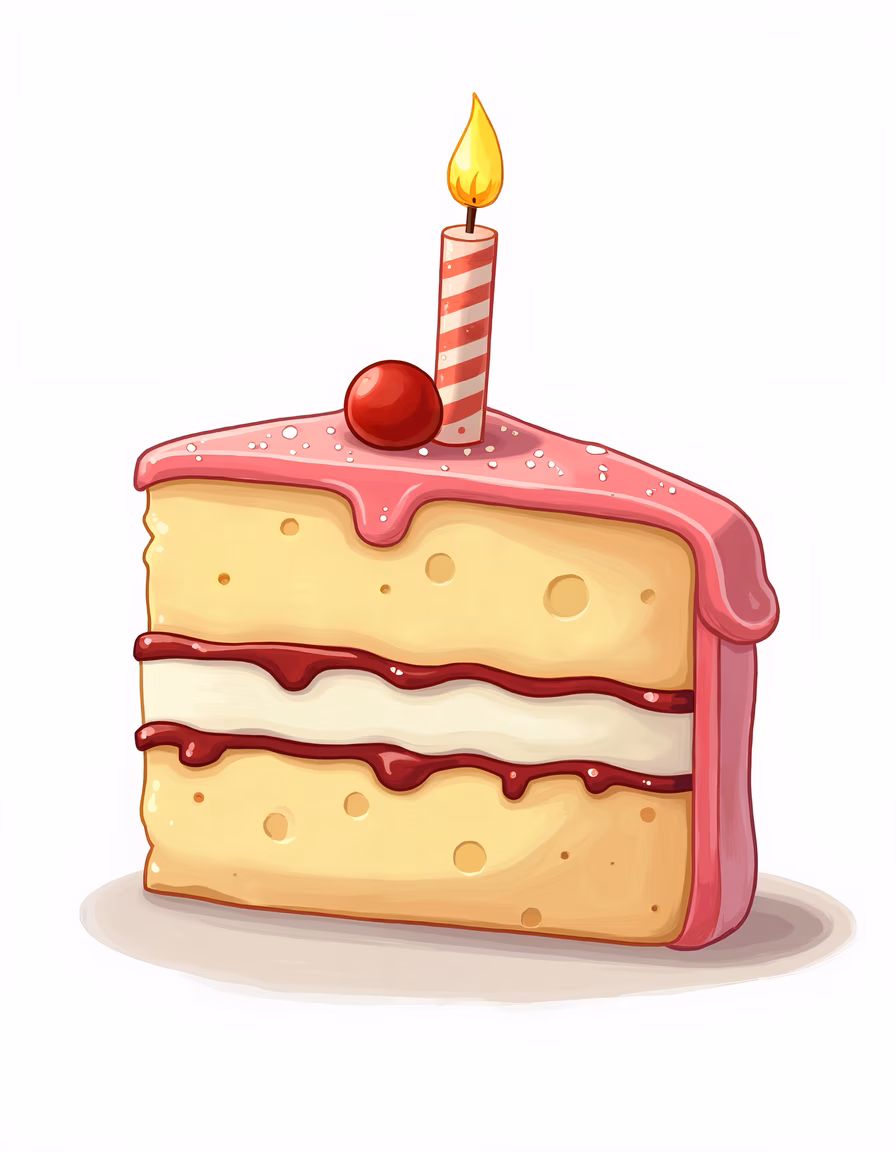 A slice of cake with a lit candle and cherry, celebrating joy and festivity.