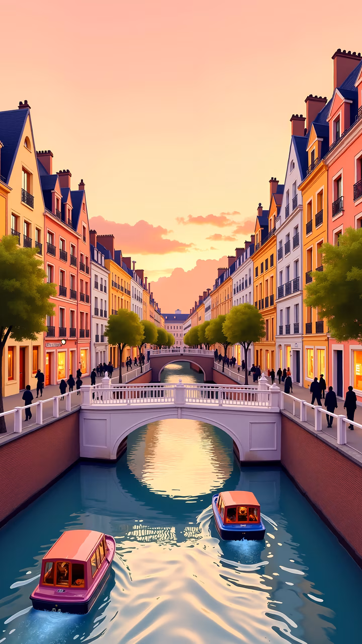 A picturesque canal scene at sunset, featuring colorful buildings and two boats.