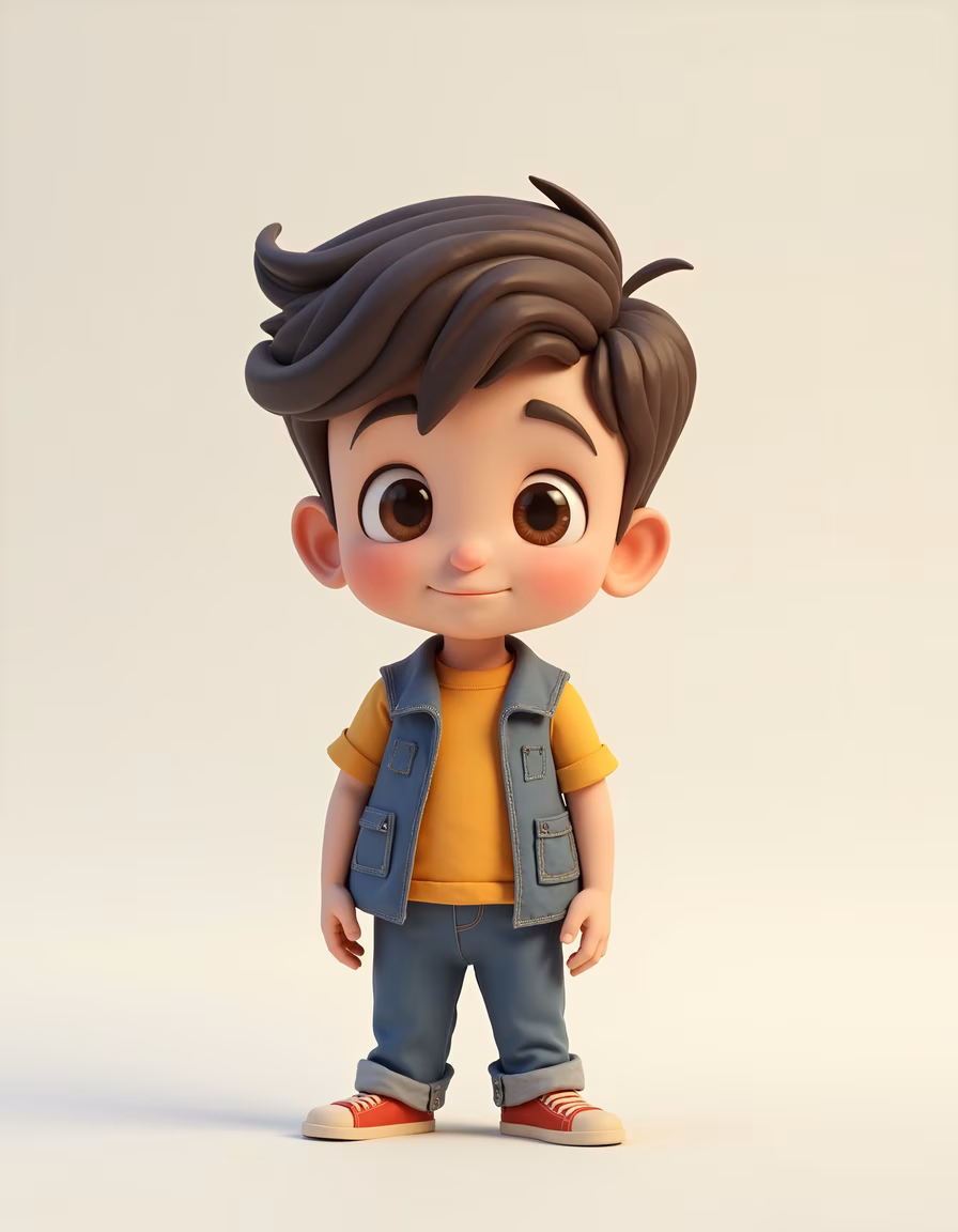 A cute cartoon boy with expressive eyes and a casual outfit, exuding warmth and innocence.