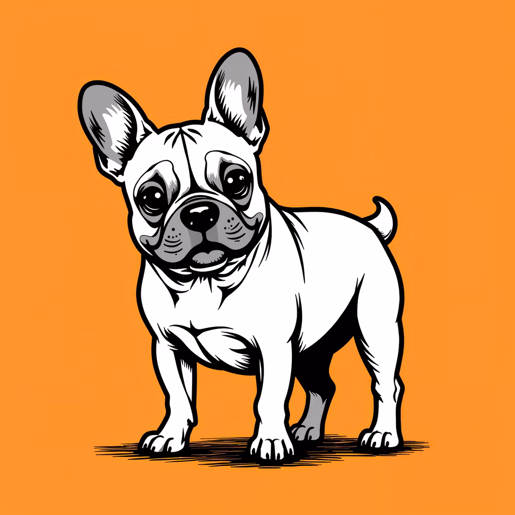 A cute bulldog illustration with a warm orange background.