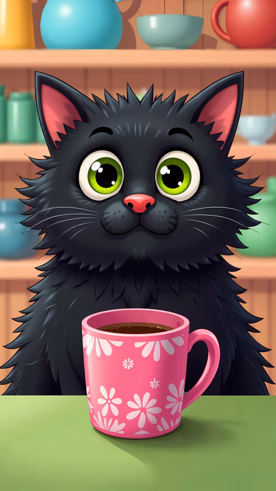 Cartoon Cat with Pink Mug
