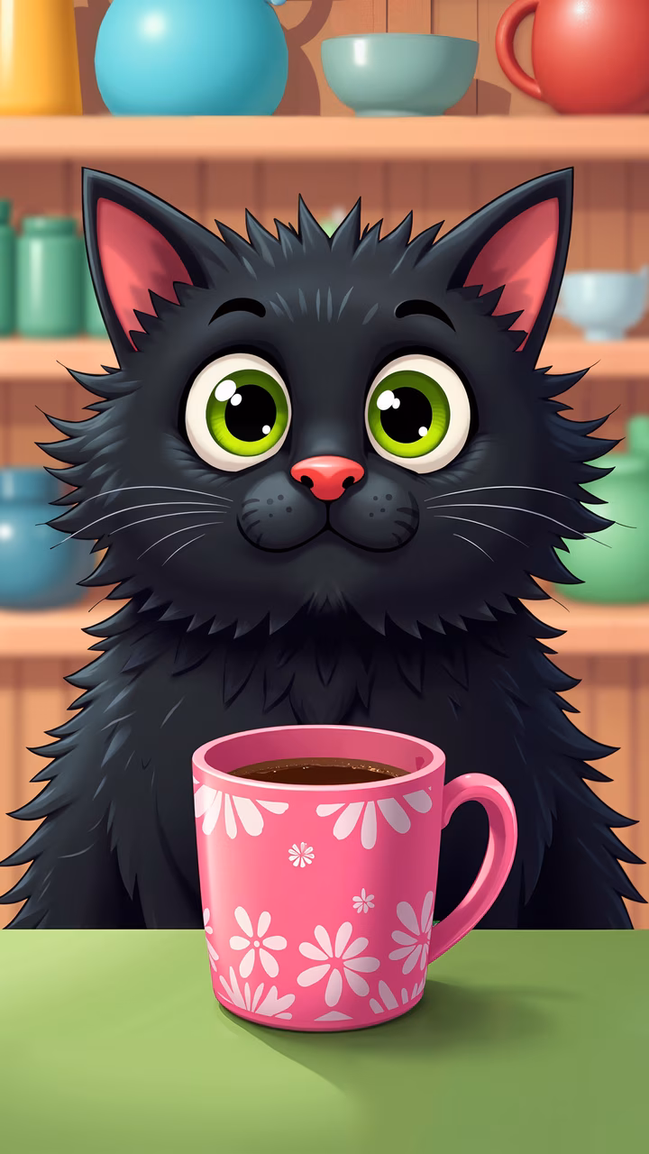 A cute cartoon cat with a pink floral mug in a cozy kitchen setting.