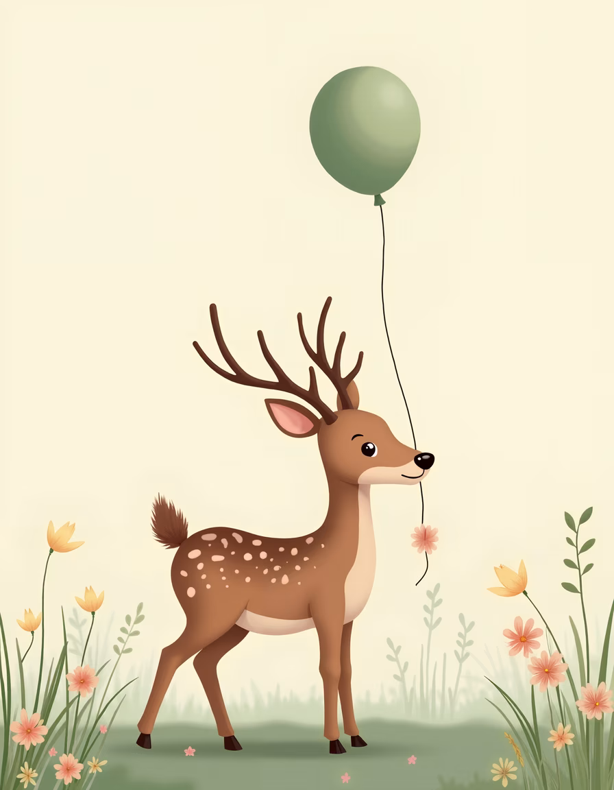 Whimsical cartoon deer with a green balloon in a field of wildflowers.