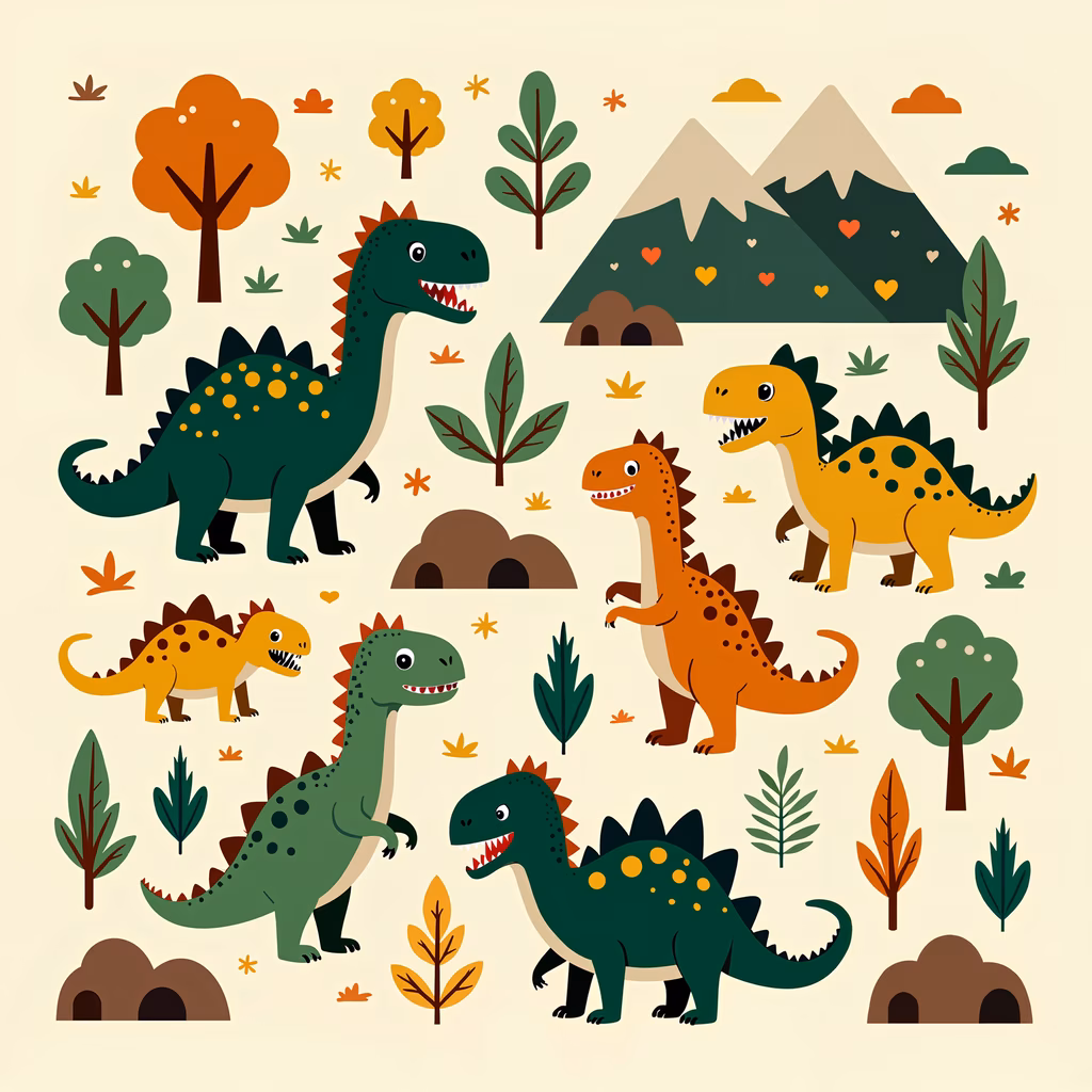 Brightly colored cartoon dinosaurs in a prehistoric setting.