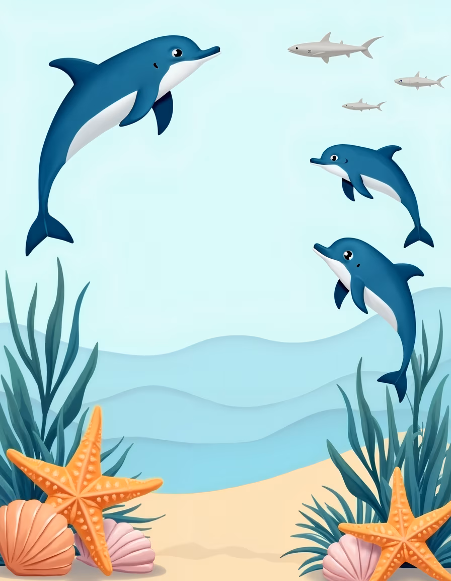 Playful dolphins in a colorful underwater world.