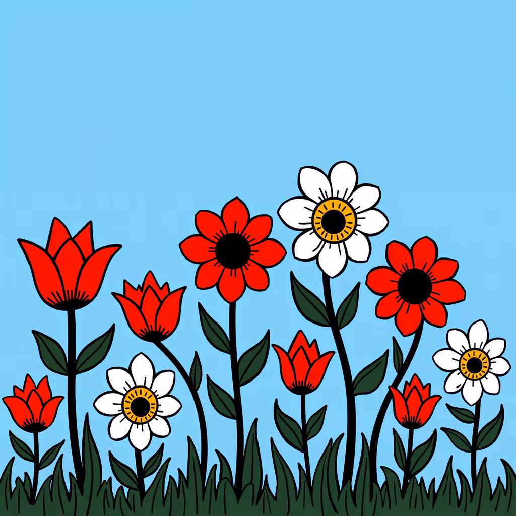 Brightly colored cartoon flowers against a serene blue sky.