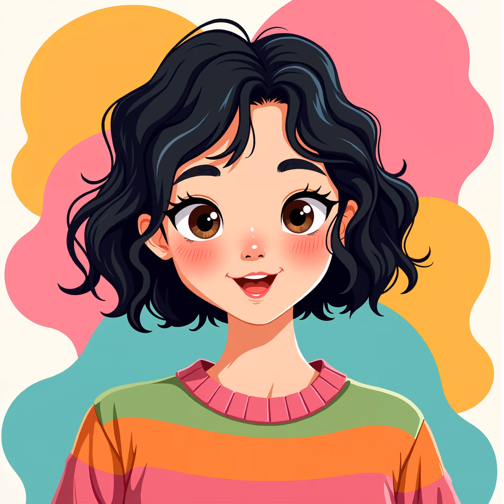 Cartoon-style portrait of a happy girl with colorful sweater and pastel swirls.