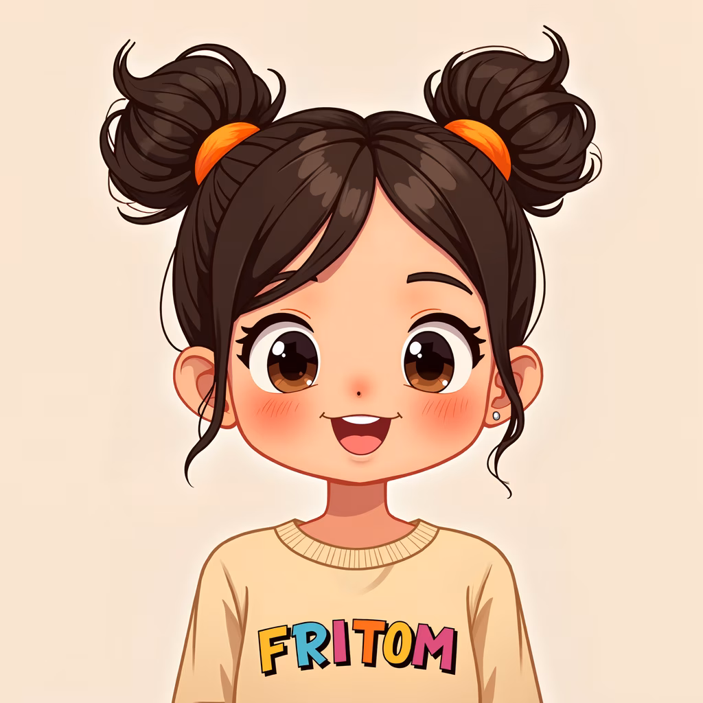 A cheerful cartoon girl with a bun hairstyle and a playful expression.