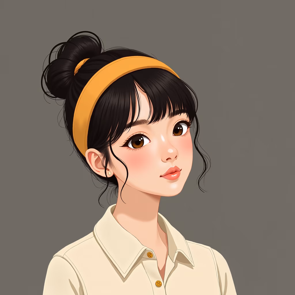 Cartoon portrait of a girl with a bun hairstyle, wearing a yellow headband and a beige shirt, exuding innocence and cheerfulness.
