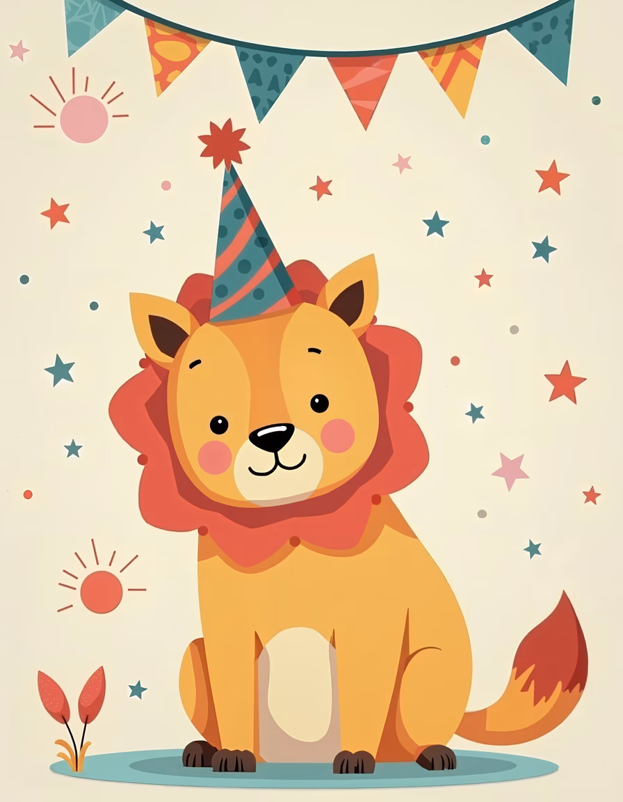 A cute lion celebrating with party hats and colorful decorations.