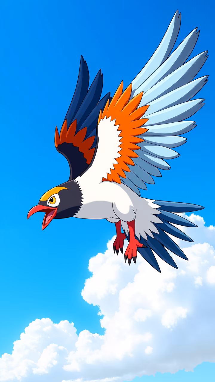 Vibrant cartoon seagull soaring through a sunny sky, symbolizing freedom and happiness.
