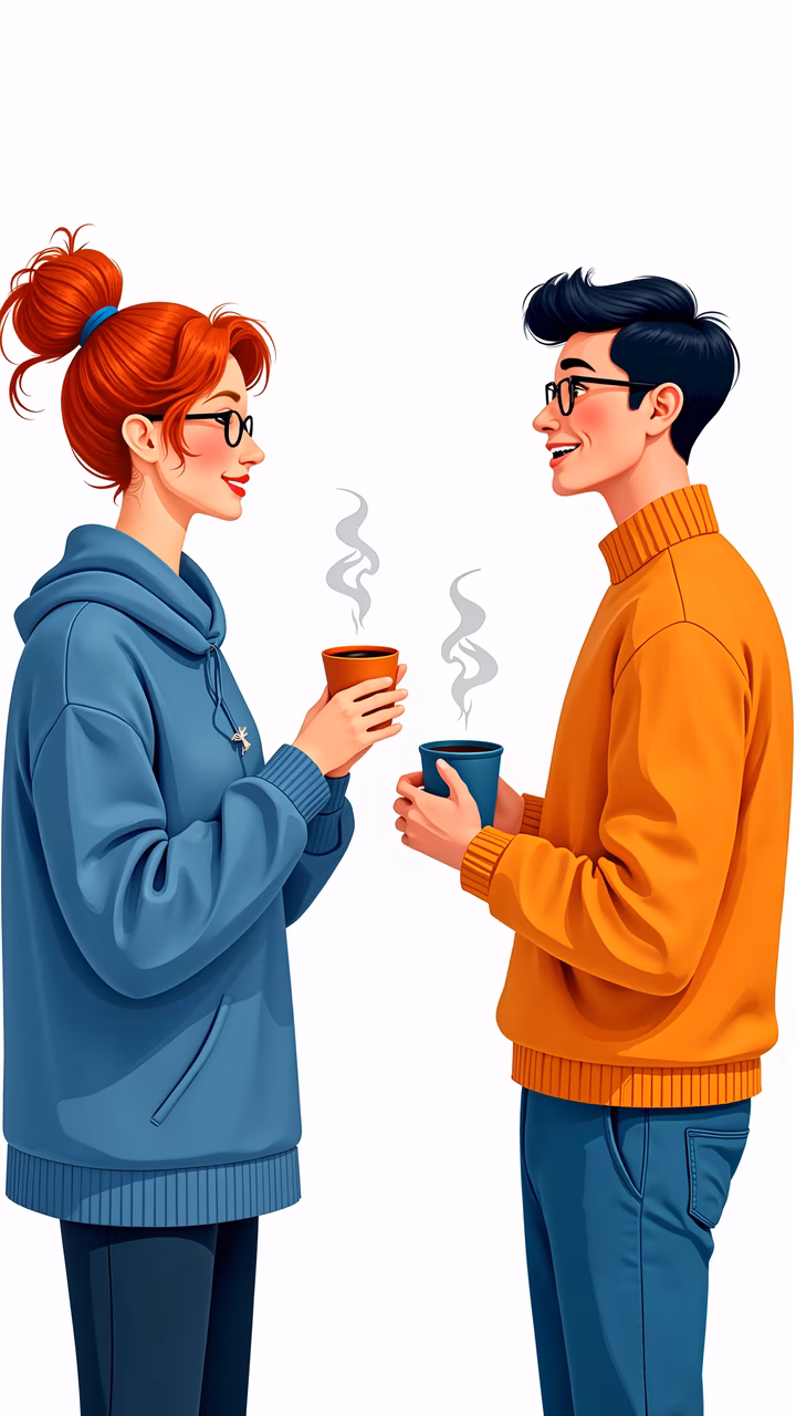 Two friends share a cozy moment over coffee, highlighted by warm colors and friendly expressions.