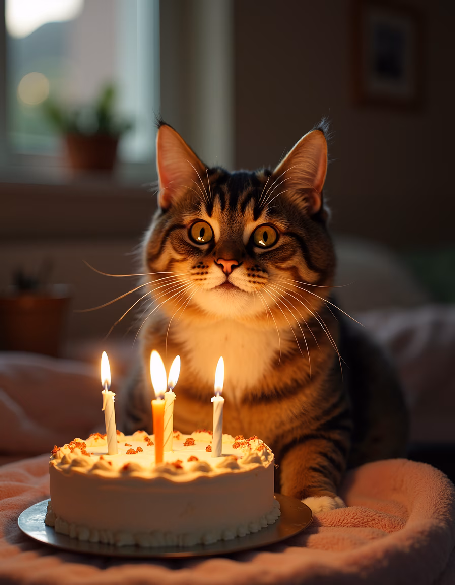 A cat sits beside a birthday cake with lit candles, capturing a moment of curiosity and celebration.