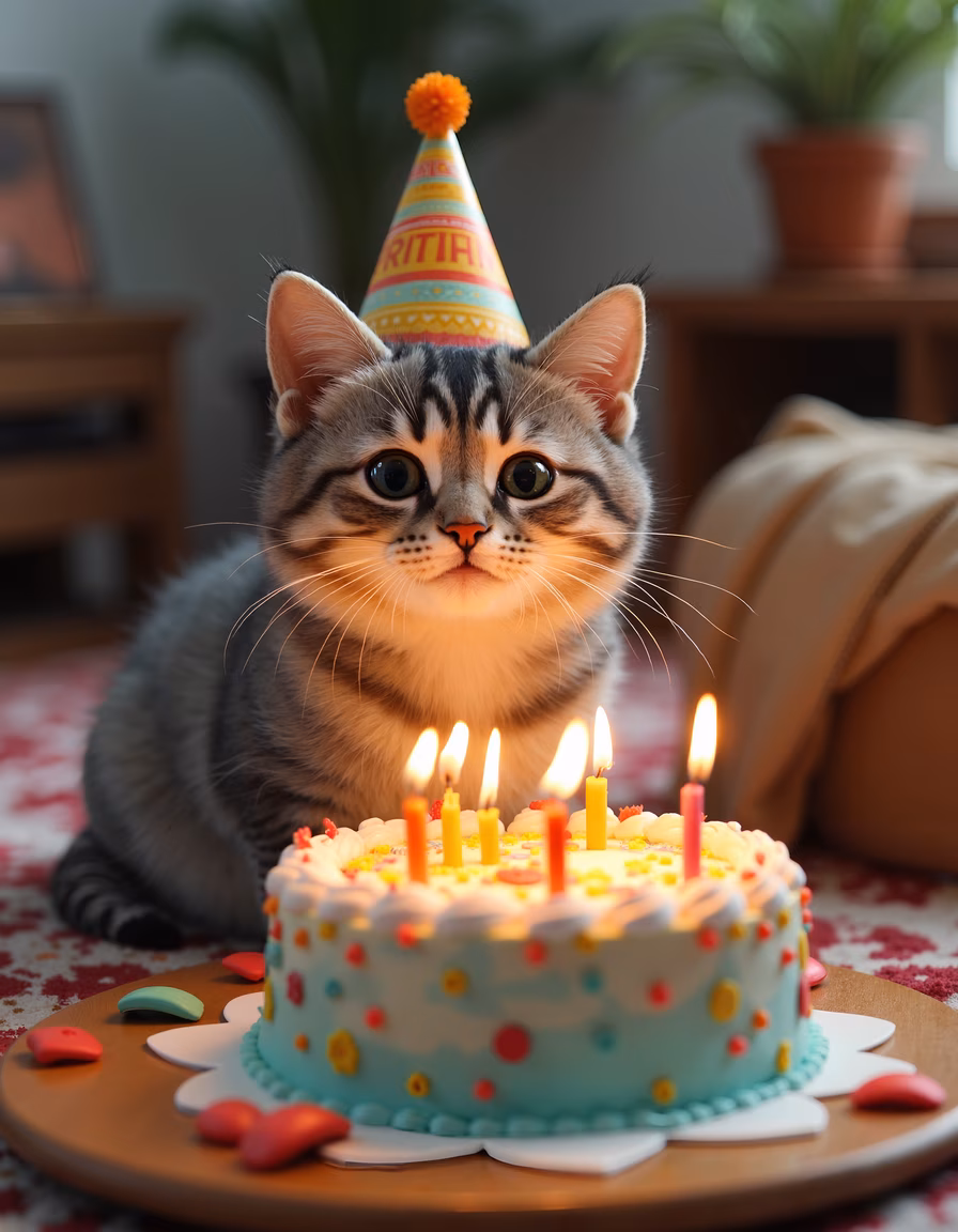 Cute kitten with party hat and birthday cake
