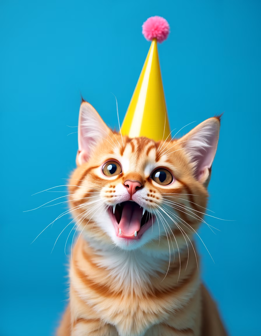 A joyful ginger cat wearing a party hat against a turquoise backdrop.