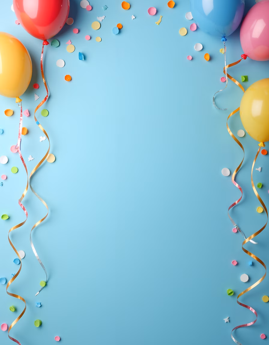 Bright balloons and confetti on a blue background celebrating joyfully.