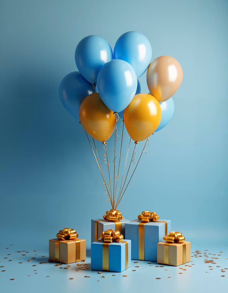 Festive balloons and gifts against a blue backdrop with confetti.