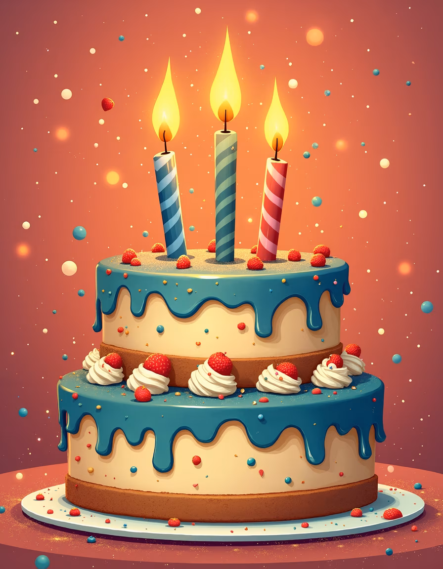 A beautifully illustrated cake with candles and confetti, celebrating joy and festivity.