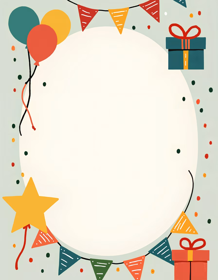 Bright and cheerful celebratory frame with balloons and gifts.
