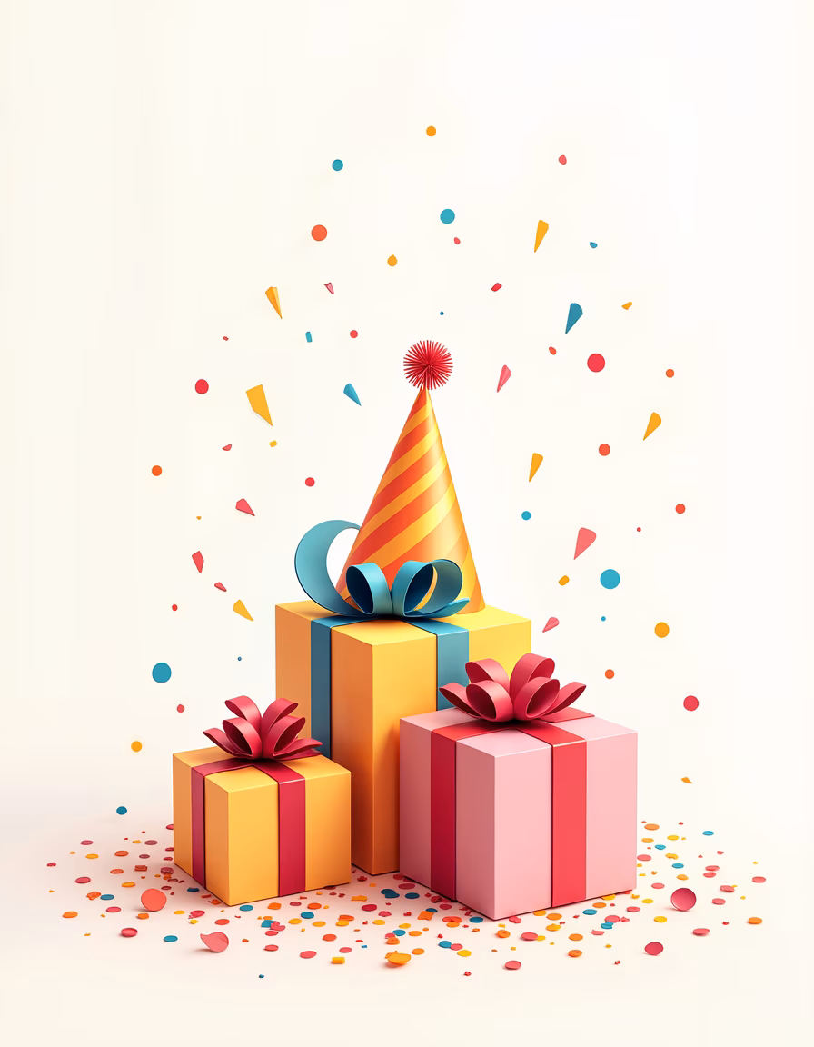Brightly colored gift boxes with party hats amidst confetti, celebrating joyfully.