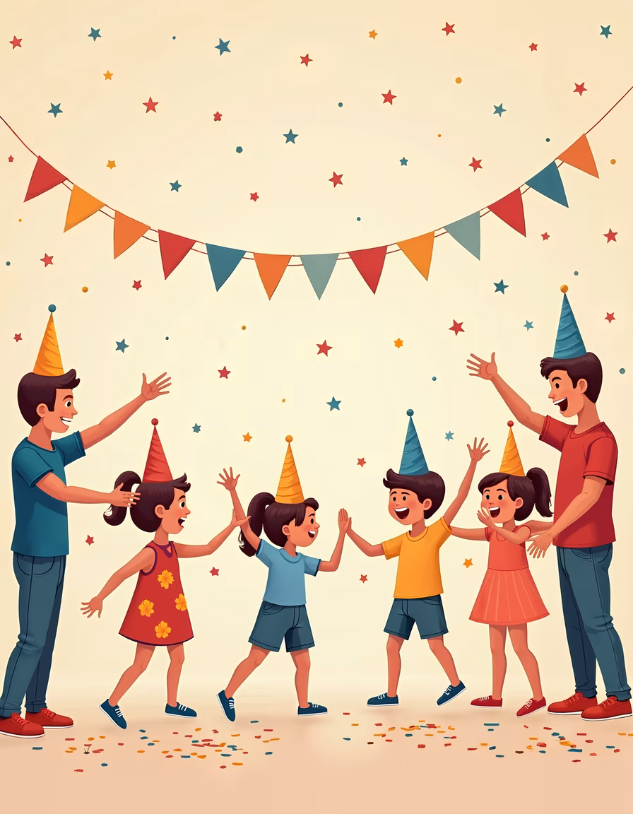 Brightly colored celebration with children and adults enjoying a festive moment.