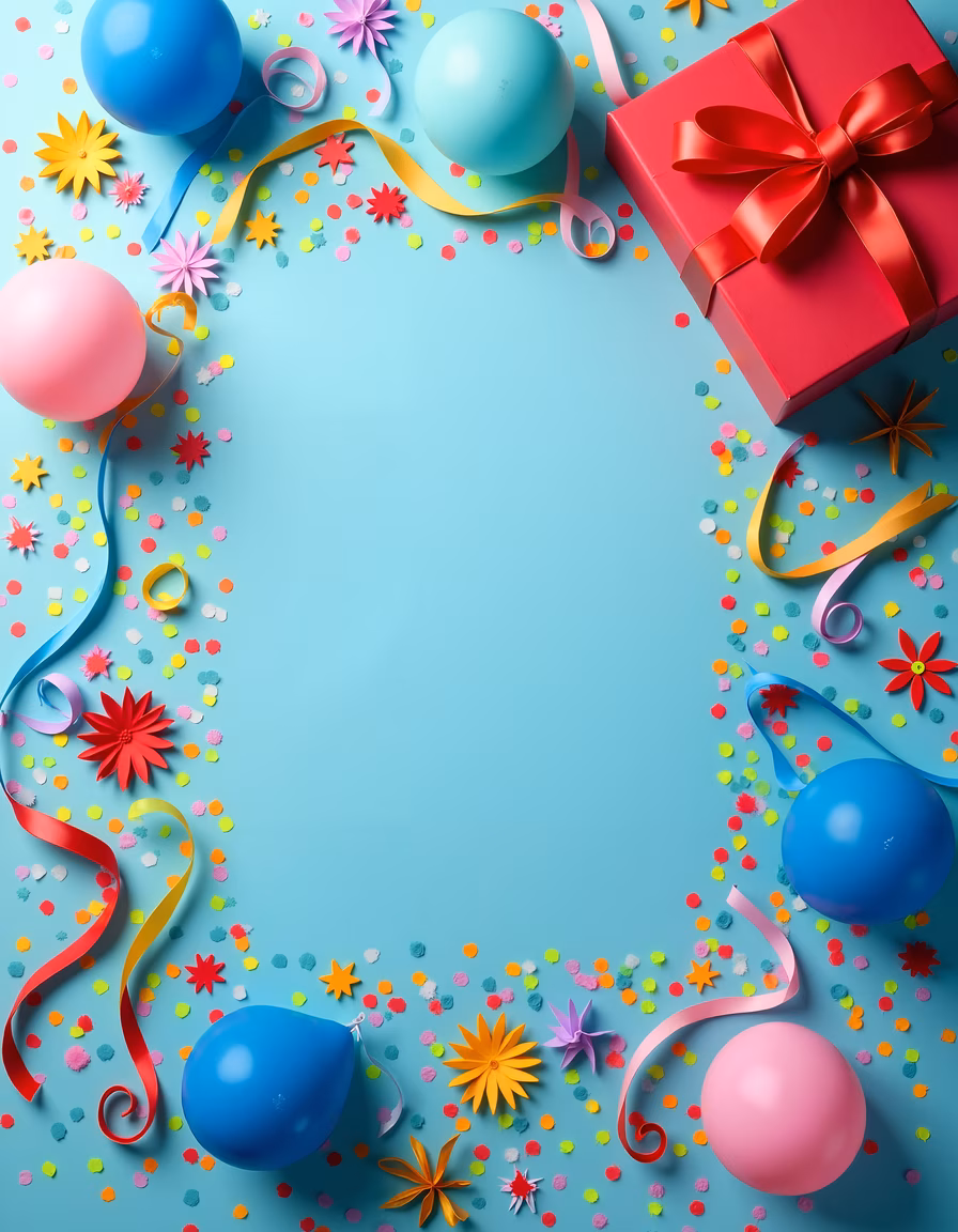 Brightly colored balloons and confetti create a festive party atmosphere.