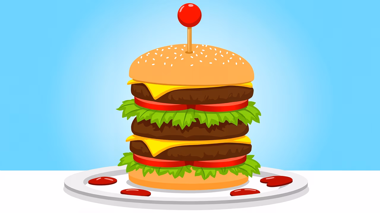 A deliciously illustrated cheeseburger with multiple layers of beef and cheese, perfect for food enthusiasts!